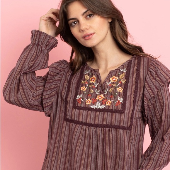 Long Sleeve Brown Linen Floral Print Cotton Top Shirt Women Size S M L - Picture 2 of 3